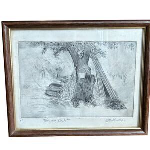 Original pencil drawing sketch art bucket and tree signed framed